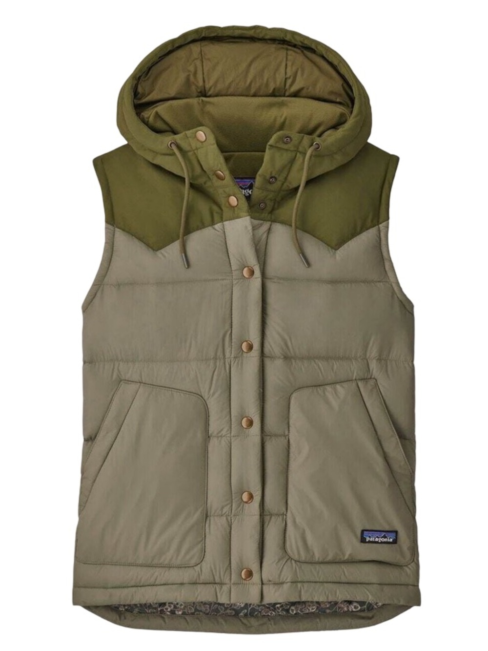 Patagonia women’s Large Two-Tone Hooded Puffer Vest - Olive